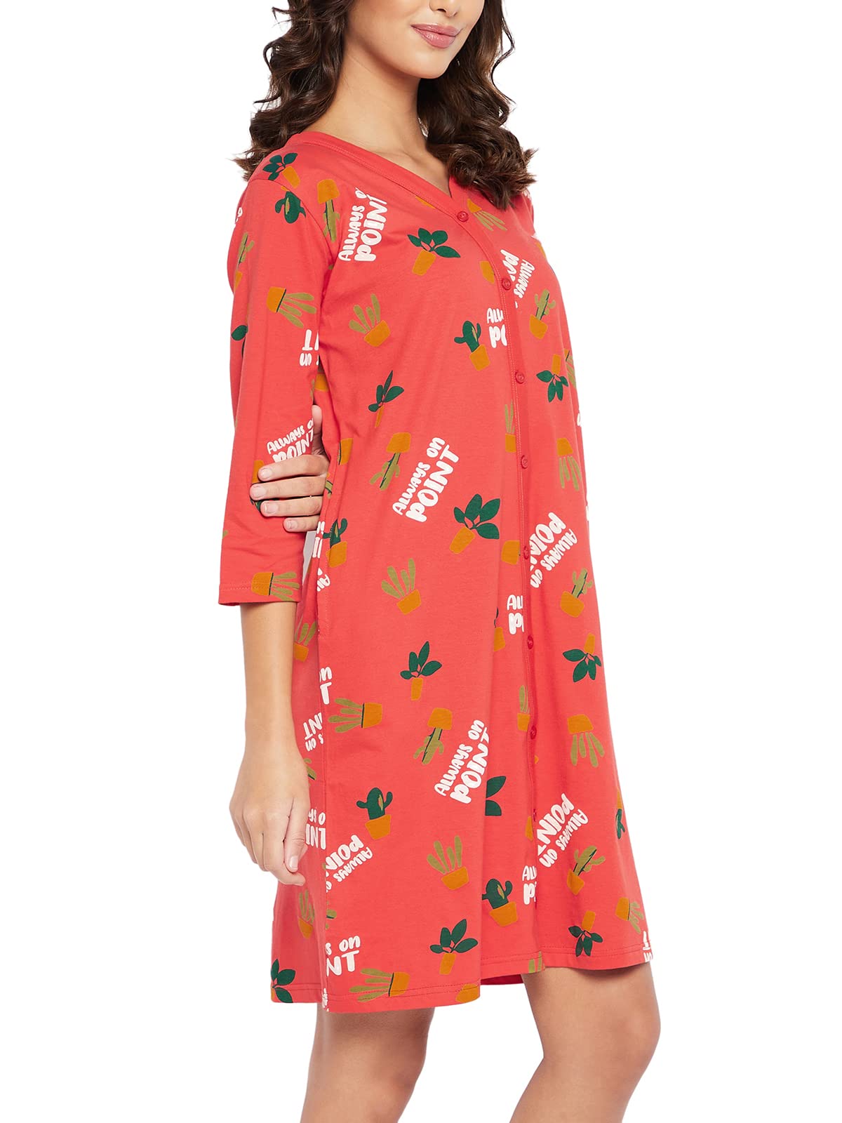 Clovia Women's Cotton Cactus Print Button Me Up Night Dress(NS1487P04_Red_S)