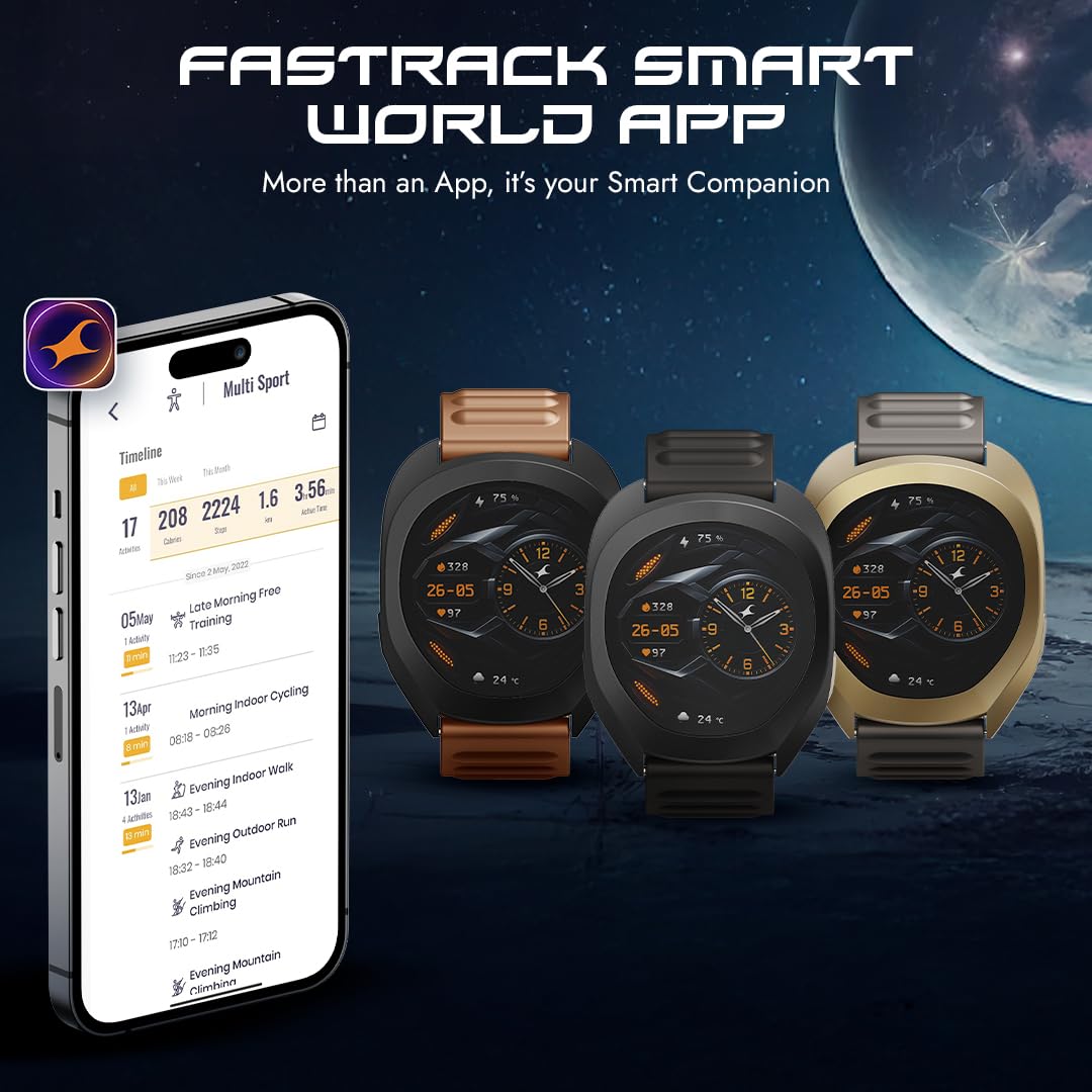Fastrack Cosmix 1.32" AMOLED Display Metal Case Smart Watch with Heart Rate Monitor,AI Watchface & Chat,Push Button Interactions,BT Calling,IP68 Water Resistant Upto 5 Days Battery Life -Copper Clay