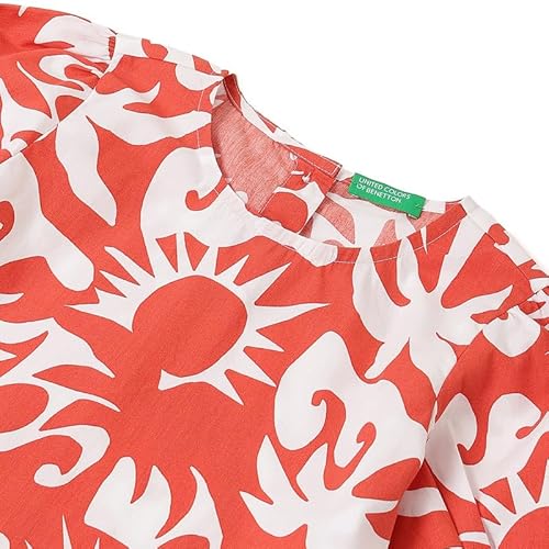 United Colors of Benetton Regular Fit Round Neck Abstract Summer Beach Curved Hem Dress Red