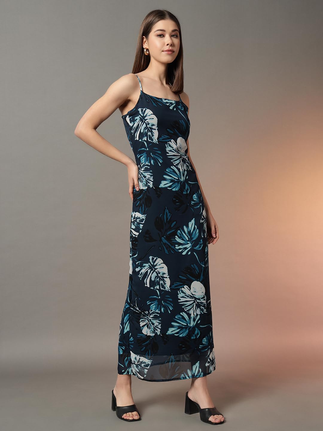 Trend Arrest.ed Women's Polyester Sheath Maxi Dress (D5394_Blue