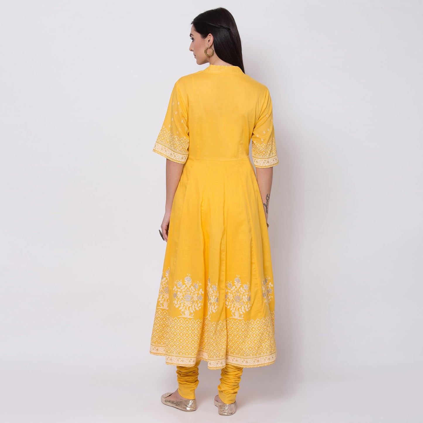 BIBA Women's Cotton Printed Fitted Salwar Kurta Dupatta (Skdassorted5919E_Yellow_38)