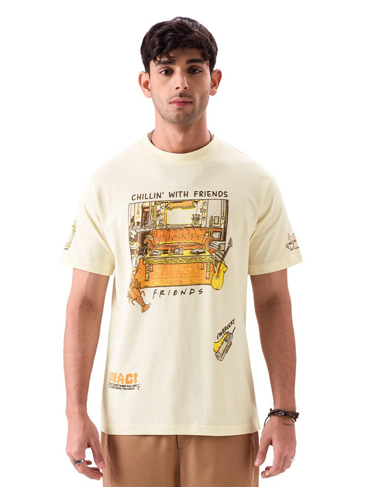 The Souled Store Official F.R.I.E.N.D.S: Chillin' Men and Boys Regular Fit Half Sleeve Graphic Printed Cotton Yellow Color T-Shirt