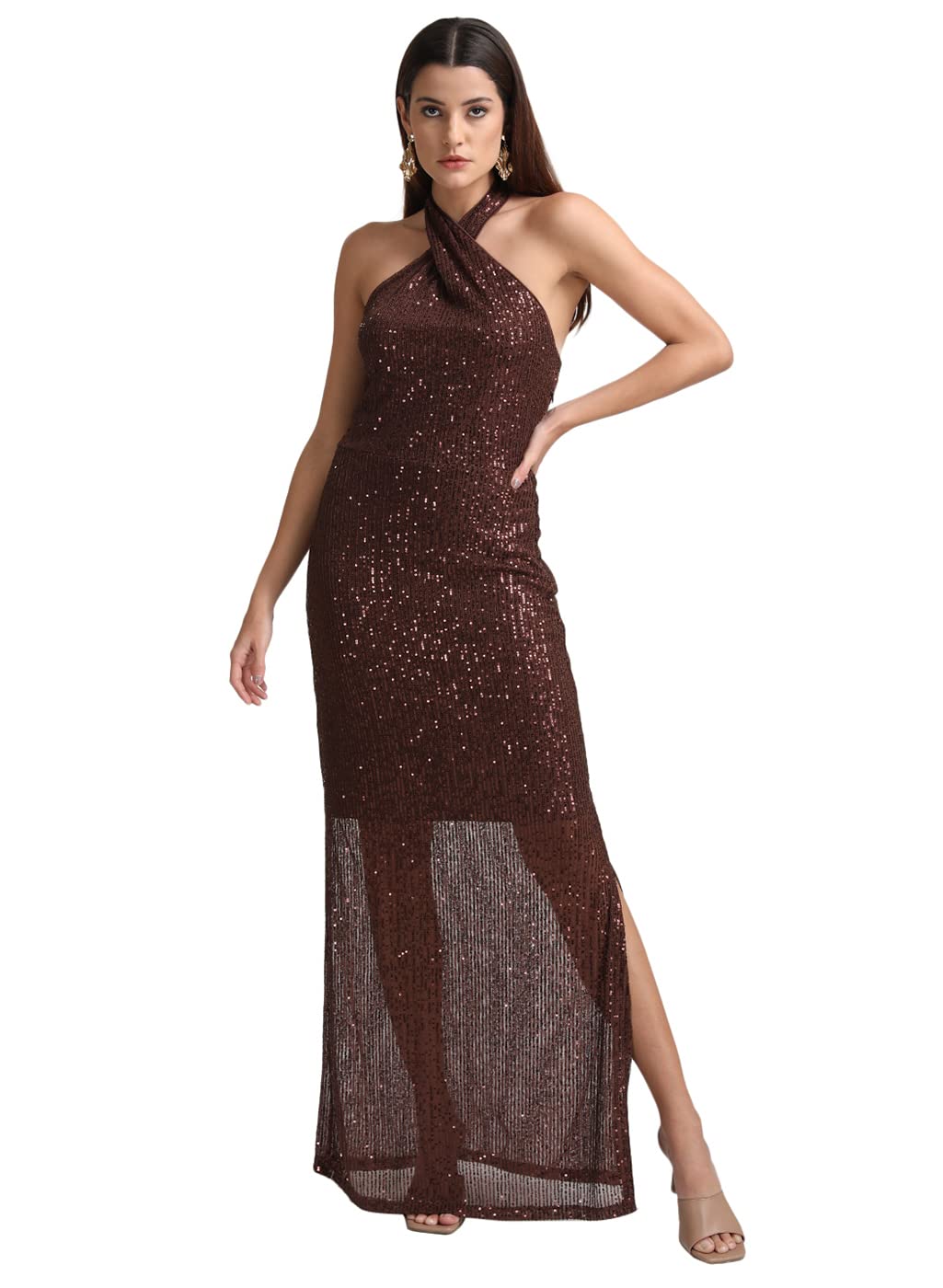 Kazo Women's Polyester Bodycon Maxi Casual Dress (124673BRWNL_Brown