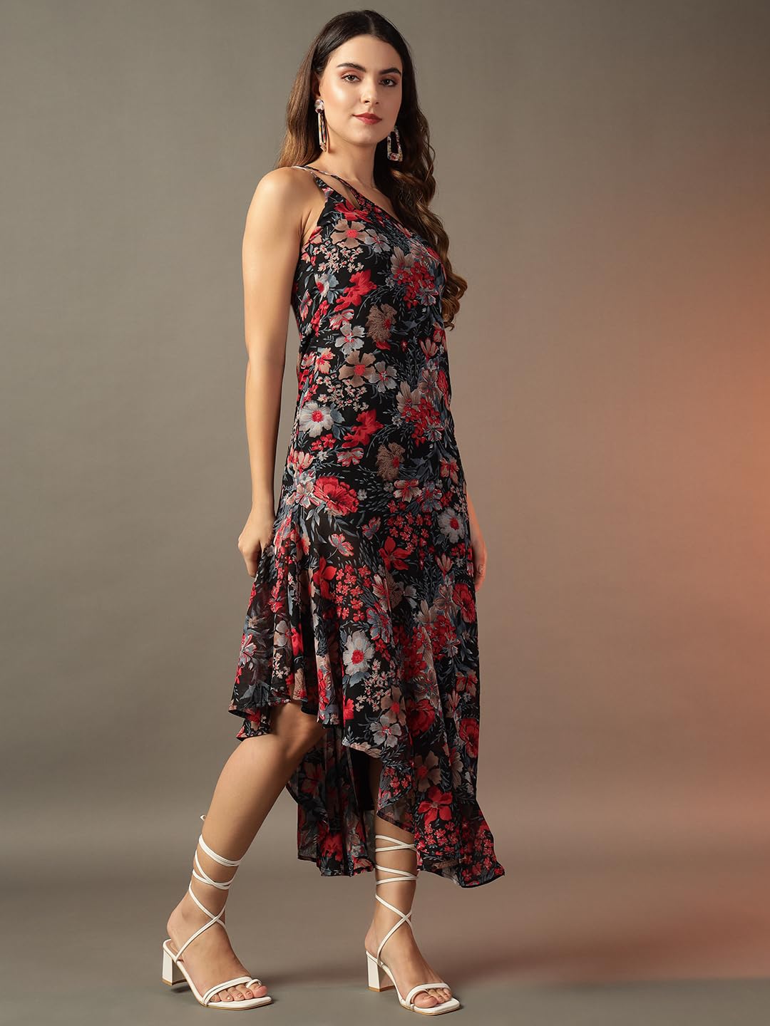 Trend Arrest.ed Women's Polyester Fit and Flare Midi Dress (D5378_Black 1_M)