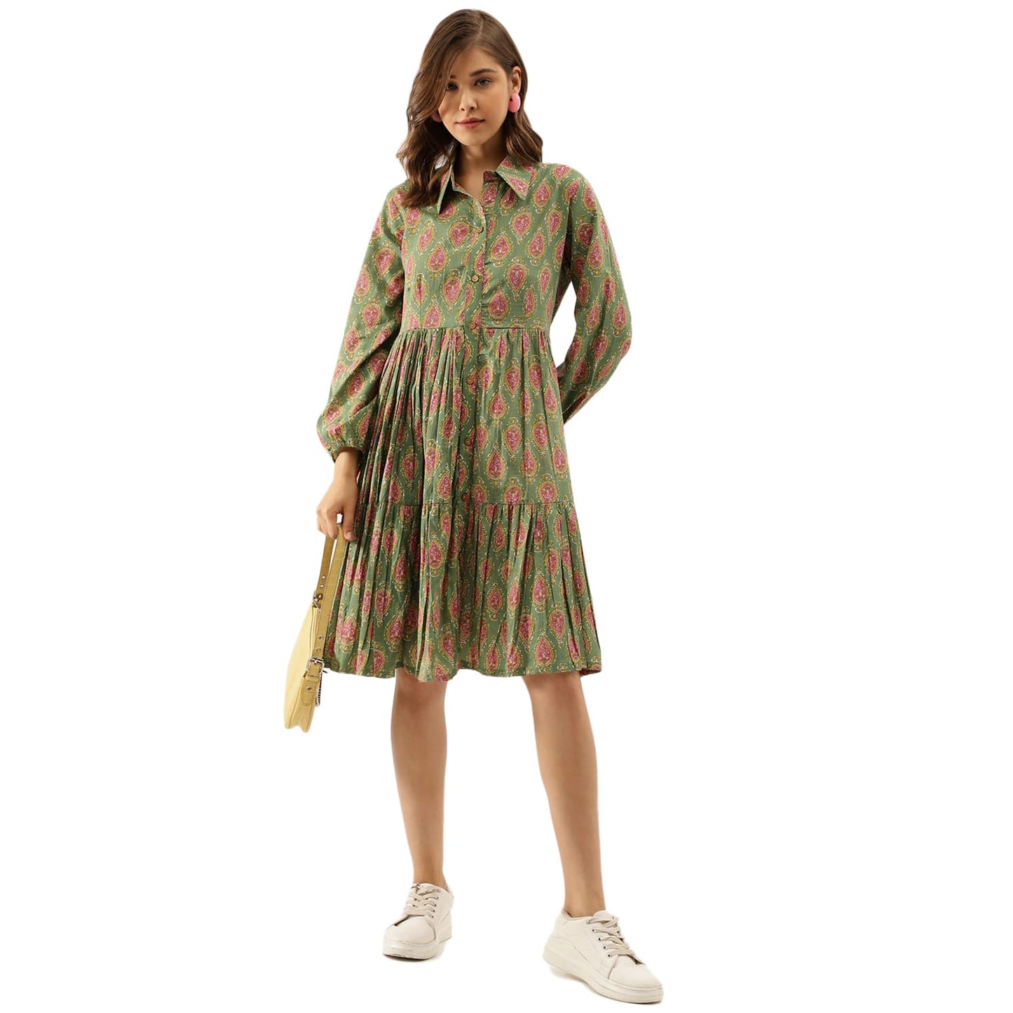 Divena Green Paisley Printed Cotton Dress for Women