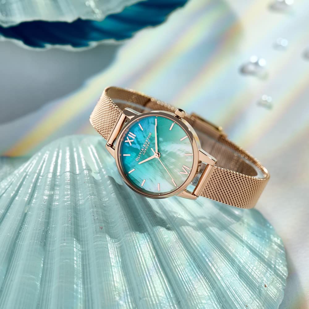 Olivia Burton Under The Sea Qtz Basic Slim Ombre Teal to White Mother of Pearl Round Dial Women's Watch|Ionic Plated Rose Gold Steel Material|Gold Color Band - OB16US66