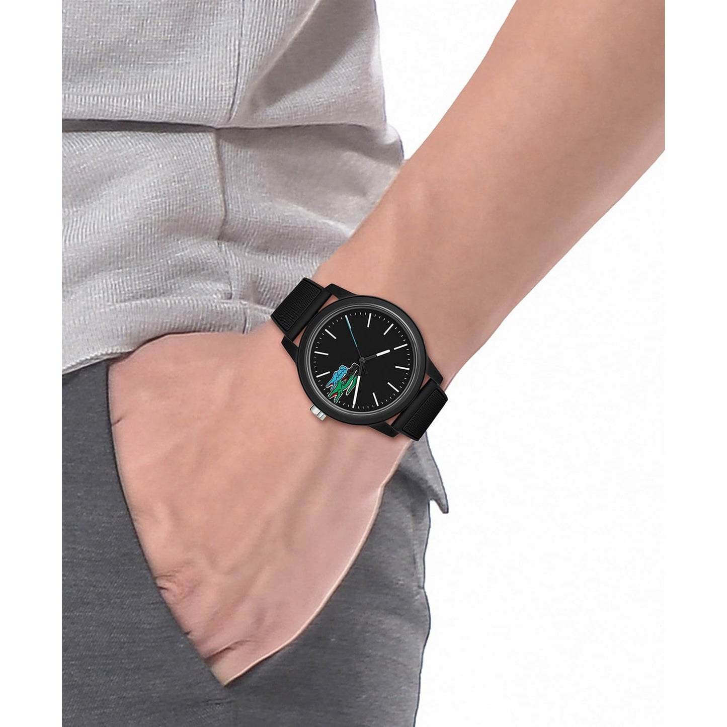 Lacoste Lacoste.12.12 Qtz Basic Black Round Dial Men's Watch|Black Silicone Material|Multi Color Band - 2011134