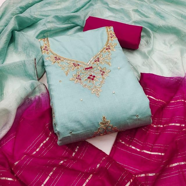 VARNI FABRICS Coco Silk Dress Material for Women Embroidered Unstitched Woman Salwar Suit Dress Material With Jari Dupatta Mint Green