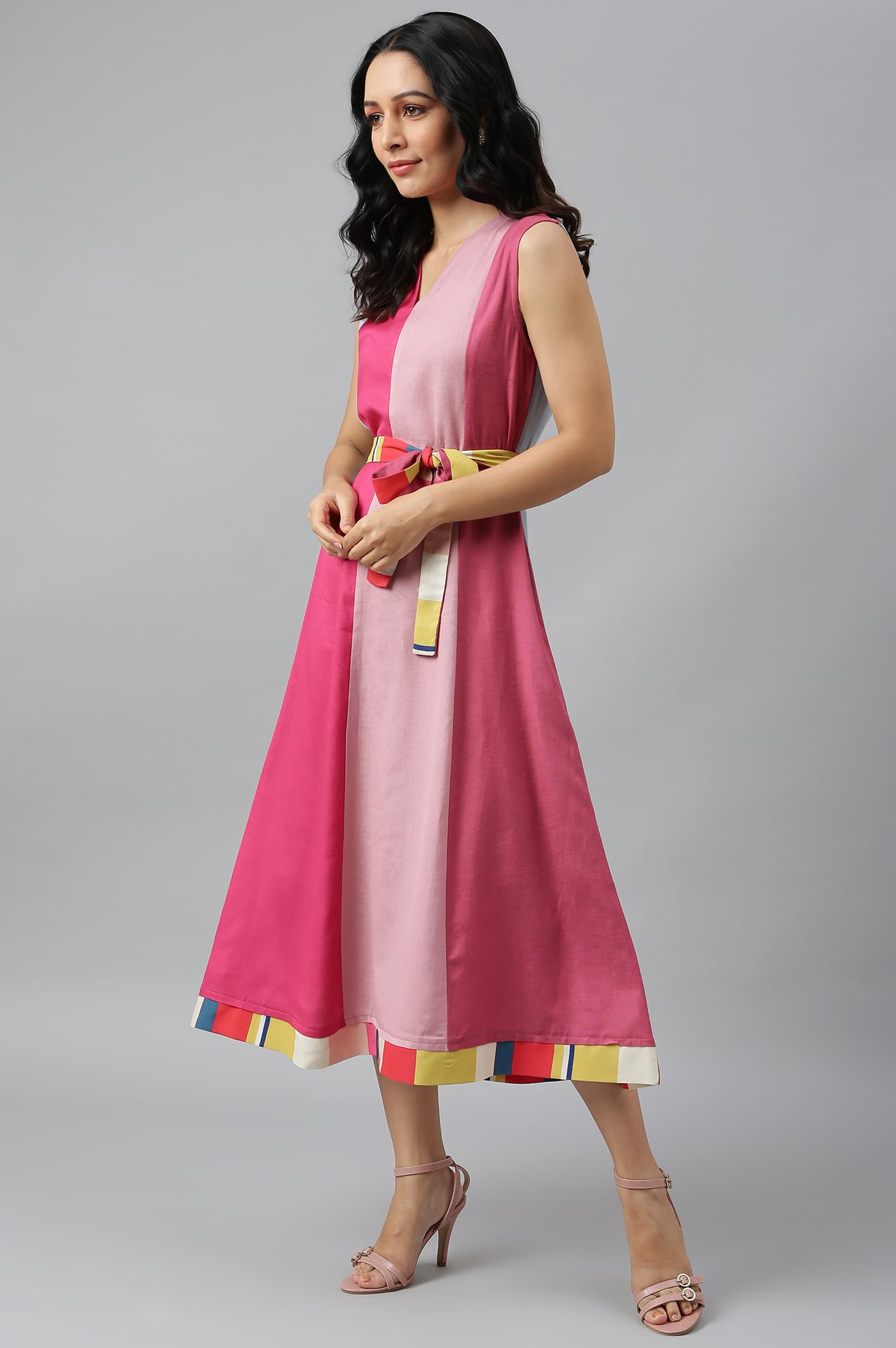 W for Woman Women's Rayon Bright Multicoloured Colour Block Sleeveless Dress Calf Length 22AUW17870-217307_Multicolored