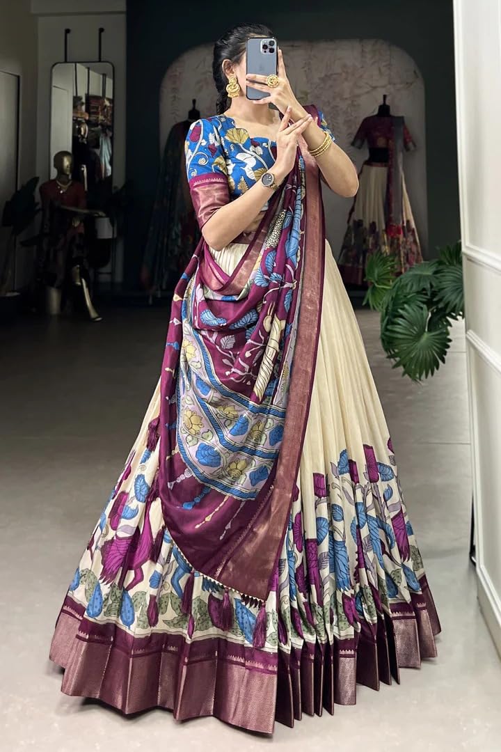 FIBREZA Women's Printed Silk Semi- Stitched Lehenga Choli with Dupatta Unstitched Blouse Piece | Traditional Floral Lehenga Set | Ethnic Wedding Trending Lehenga (Batak White)