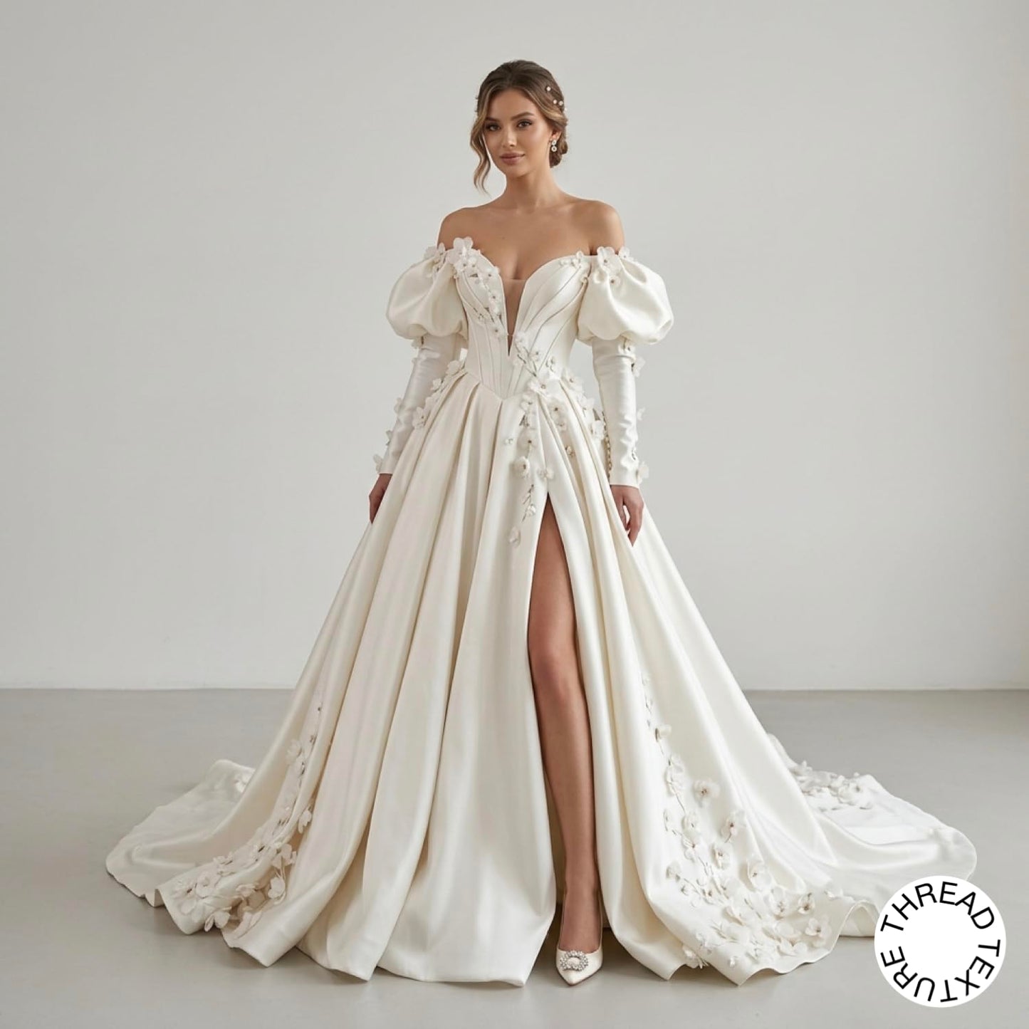 ThreadTexture Women's Off-The-Shoulder 3D Flowers Applique Wedding Slit Ball Gown (in, Alpha, S, Regular, Off White, Designer Shivay)