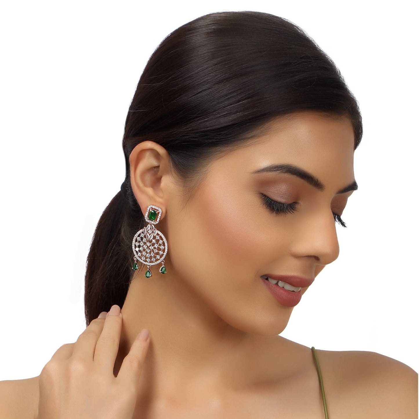 Accessher Rose Gold Plated American Diamond Studded Drop Earrings with Emerald Green Stones for Women | Elegant and Stylish Jewelry for Special Occasions