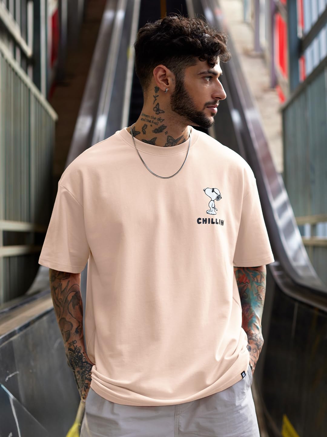 The Souled Store|Mens & Boys Official Round Neck|Peanuts Chillin Pink Color Printed|Half Sleeve Oversized|100% Cotton T-Shirts