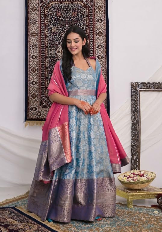 MAHUKAA Women's Kanjeevaram Gown With Dupatta For Festival & Function (Sky Blue & Pink) - Size: Medium
