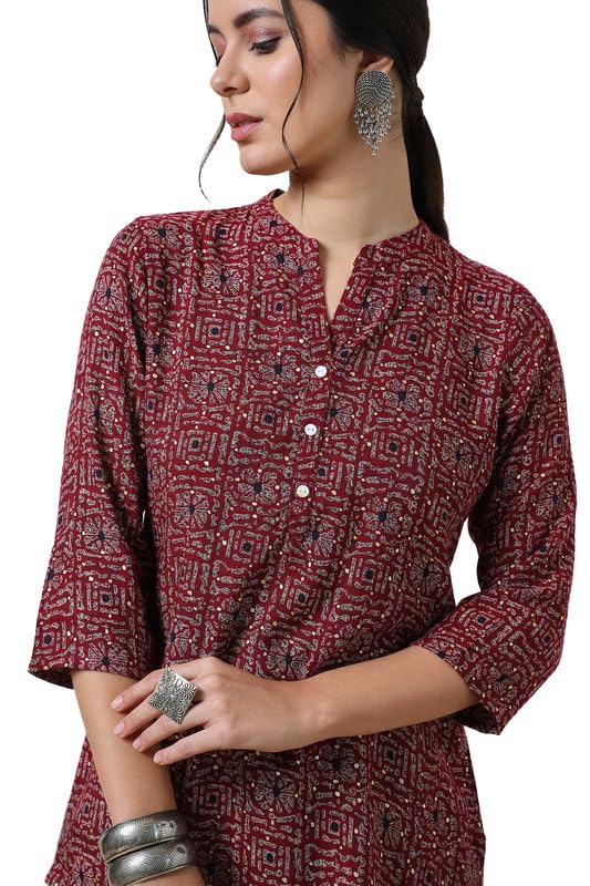 Soch Womens Wine Rayon Slub Abstract Print Tunic with Mandarin Collar