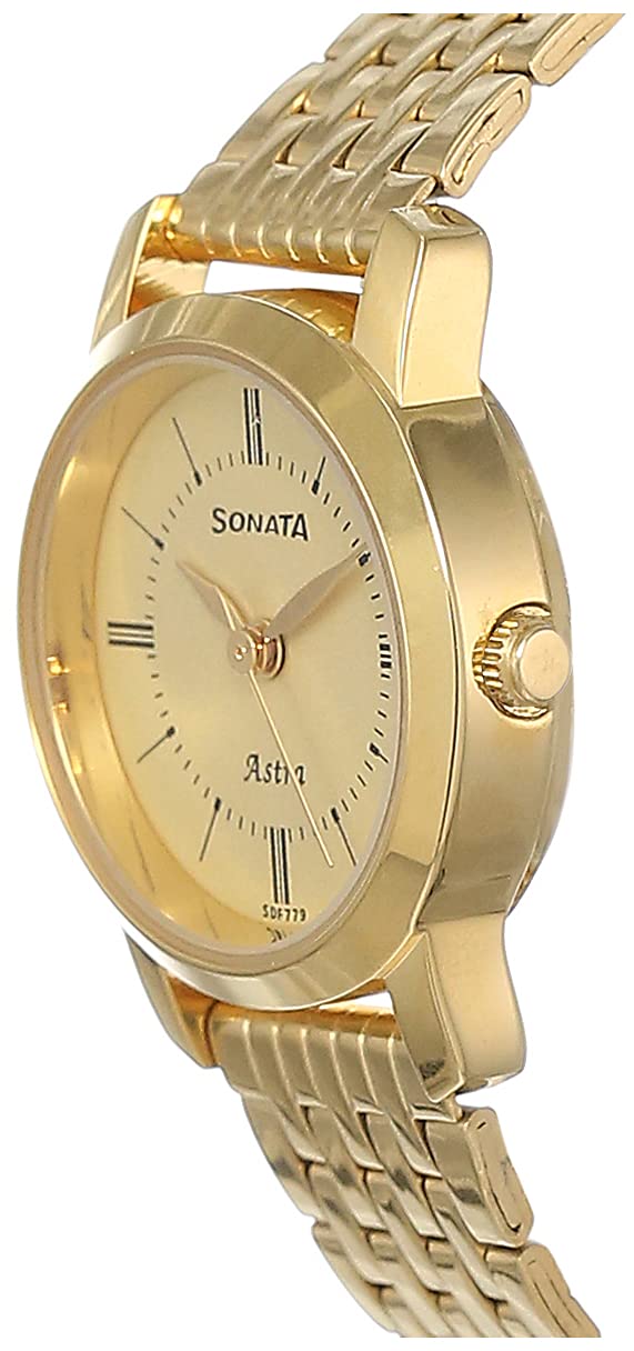 Sonata Quartz Analog Champagne Dial Stainless Steel Strap Watch for Women-NS87018YM01/NT87018YM01