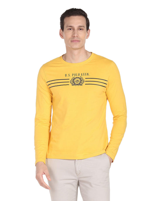 U.S. POLO ASSN. Men's Crew Neck Long Sleeve Brand Print Cotton T-Shirt (USTSHS1382_Yellow_L)
