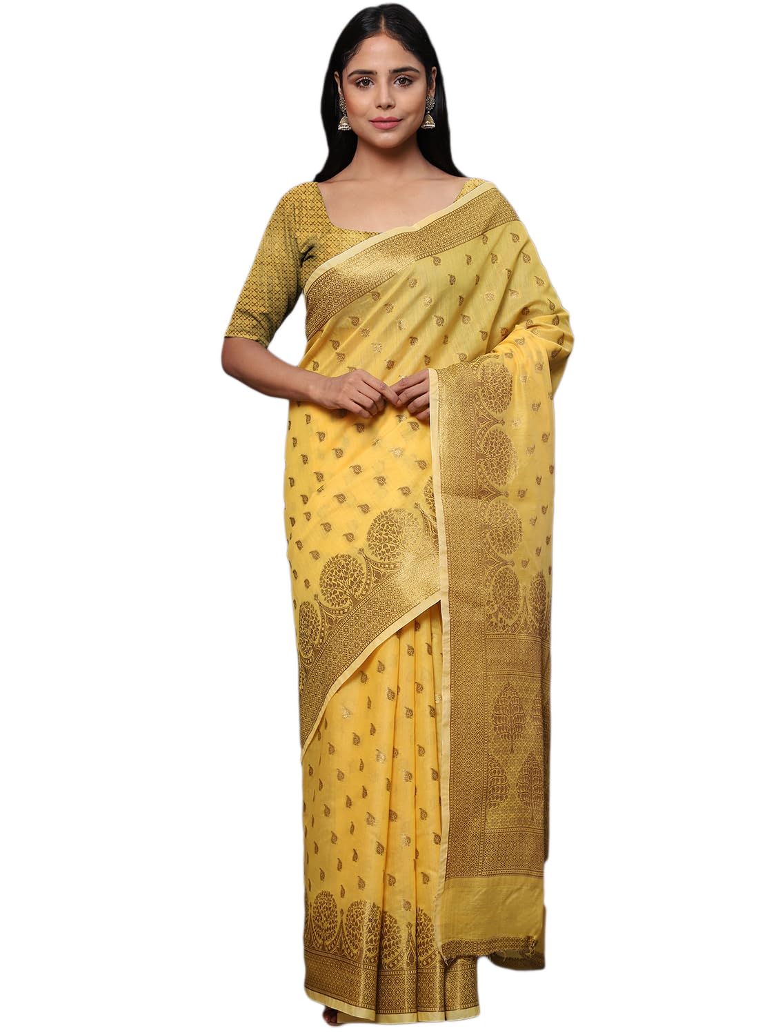 leeza store Women's Yellow Cotton Silk Blend Golden Zari Tree Pattern Border Rich Pallu Banarasi Saree With Blouse Piece