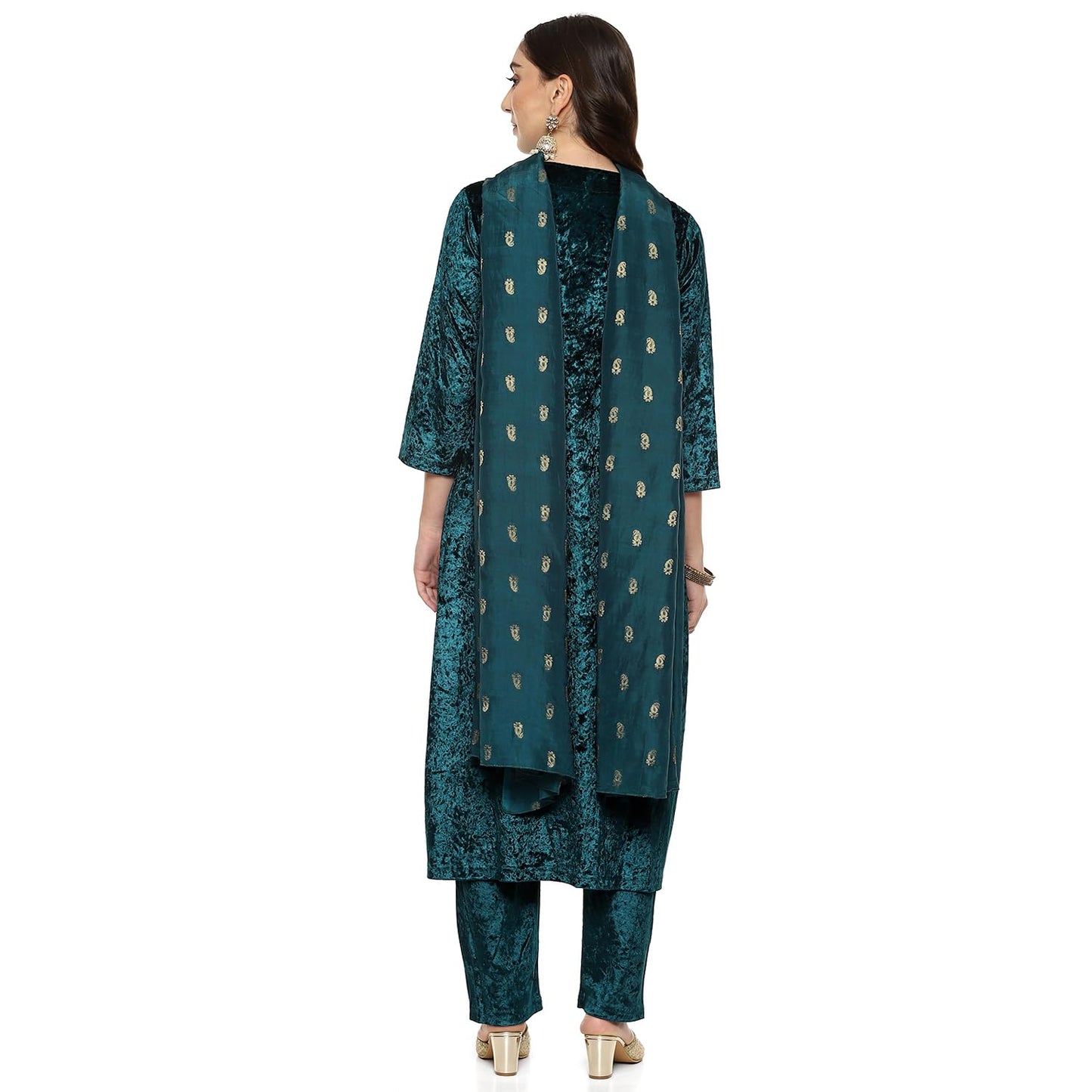 BIBA Women EMBROIDERY STRAIGHT SALWAR KURTA DUPATTA(SKDVELVET E9314_TEAL_42)