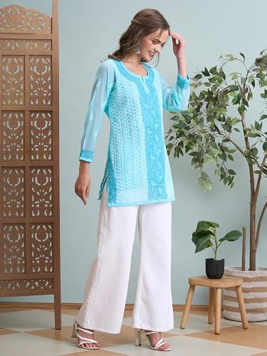 Ada Hand Embroidered Lucknowi Chikankari Georgette Short Kurti Top Tunic for Women A911519 Blue (L)