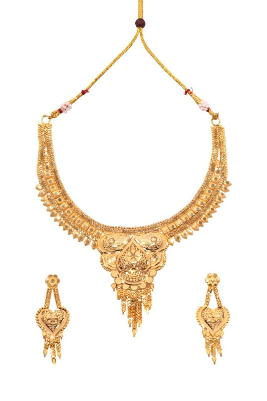 GOLDCASH 10k One Gram Gold Traditional Gold-Plated Necklace and Earrings Set | Heart Design with Dangling Elements | Indian Wedding Jewellery Set for Women's & Girl's