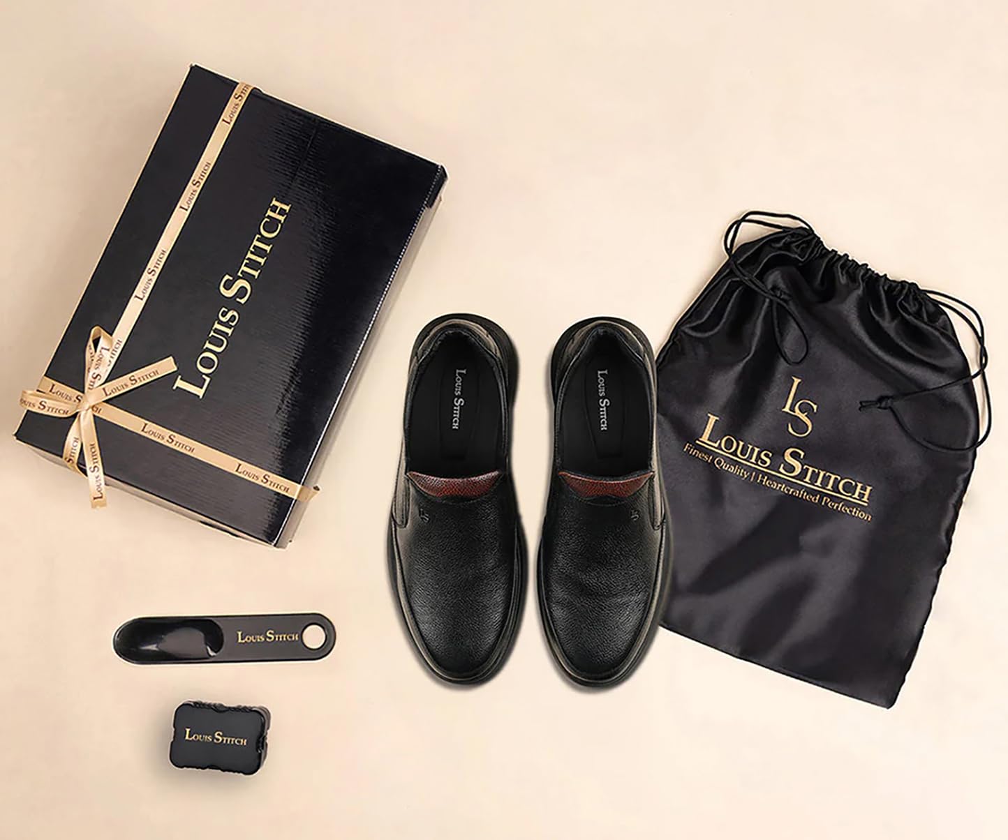 LOUIS STITCH Genuine Leather Shoes for Men | Lightweight Eva Sole| Black Comfortable Slip on Shoes | LSLXPDMCJB | (UK-11)