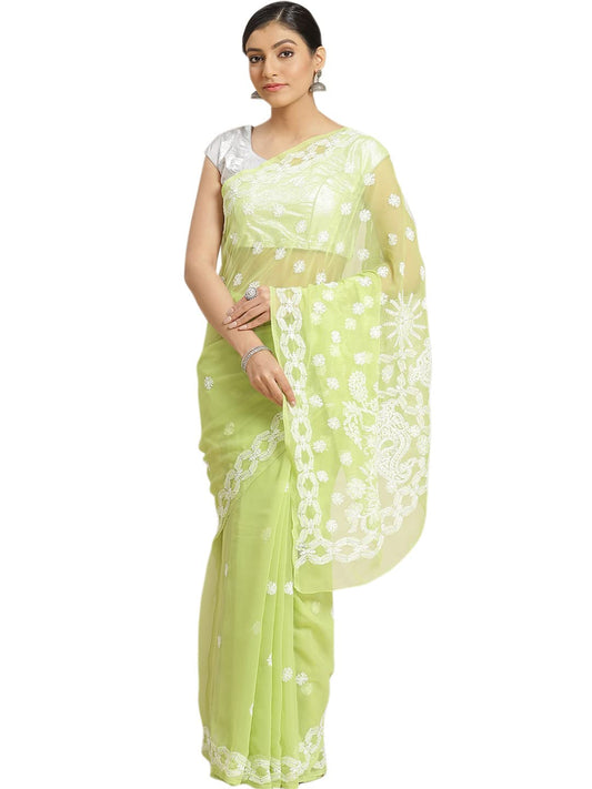 Ada Women Hand Embroidered Lucknowi Chikankari Georgette Saree With Unstitched Regular Fit Blouse Piece A129561, Green
