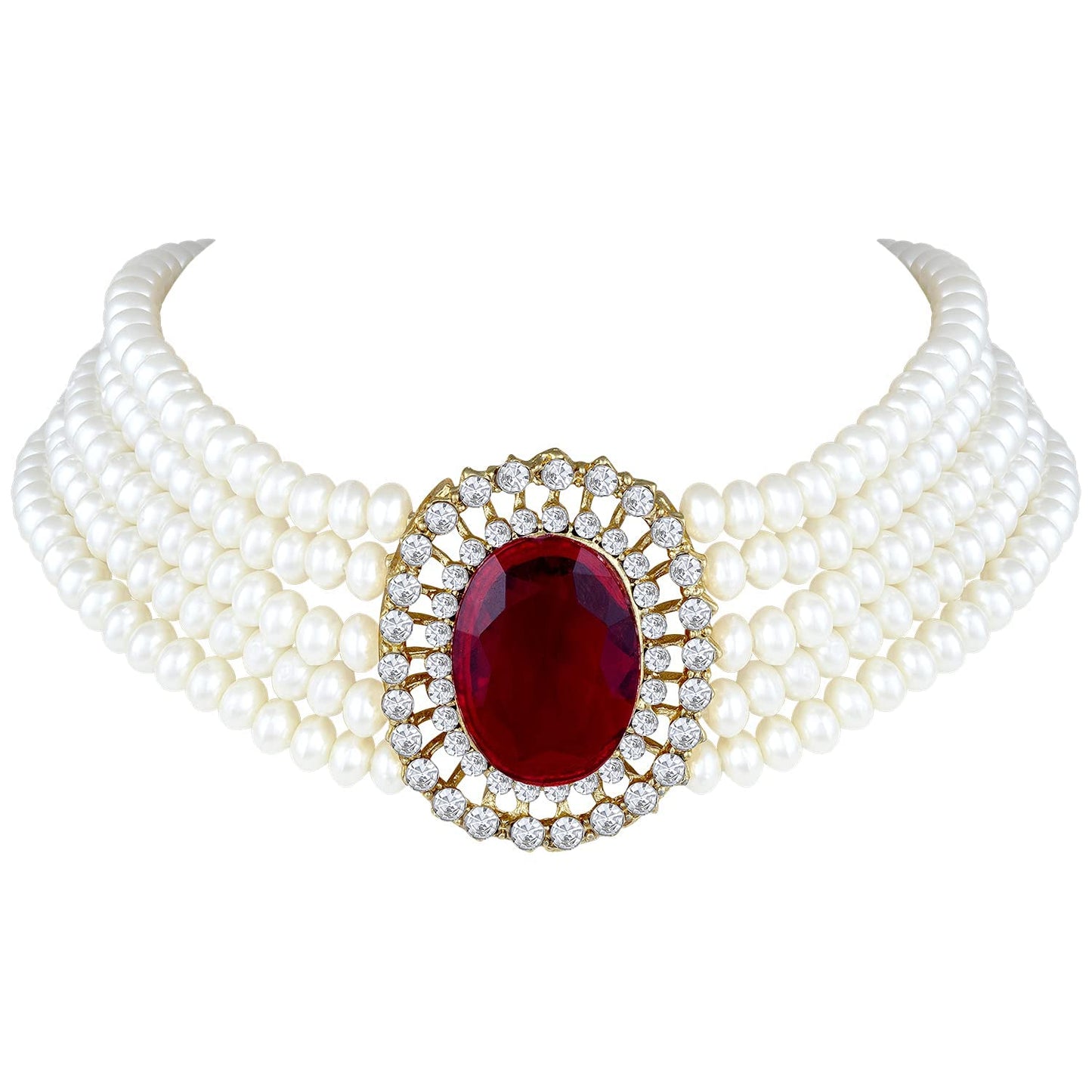 I Jewels Gold Plated Traditional Stone Studded Pearl Choker Necklace Jewellery Set For Women/Girls (ML316M)