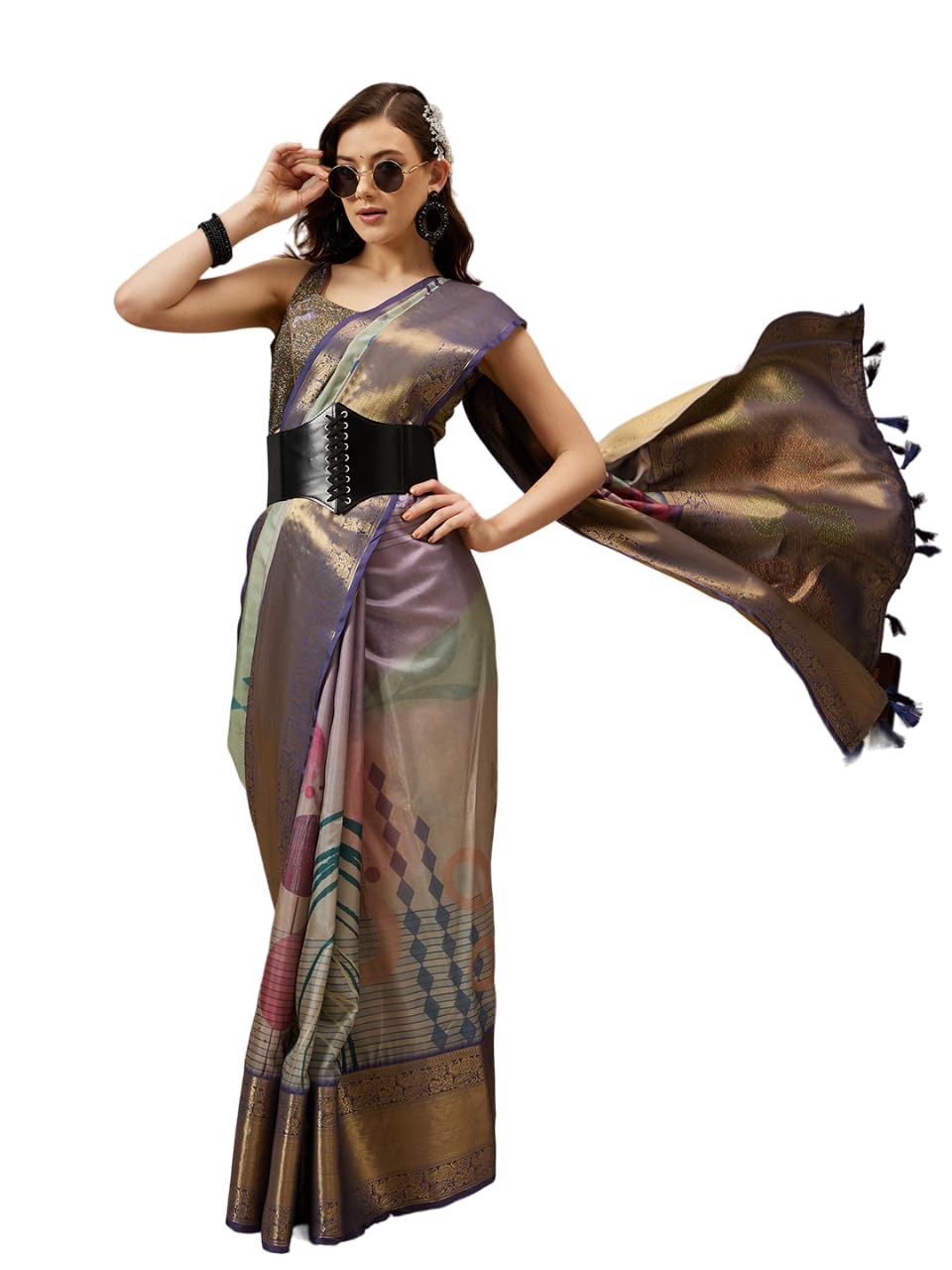 Enthone Womens Banarasi Tusser Soft Silk Digital Print Zari Woven Saree, Multicolour