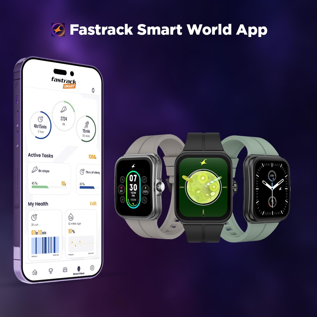 Fastrack VOX Neo Smart Watch with 1.91” Curved TFT Display, Rotary Crown, Offline Voice Commands,To-Do list, BT Calling, 24/7 Health Suite, SpO2, HRM, Sleep Tracking, IP68 Water Resistant - Leafy Sage