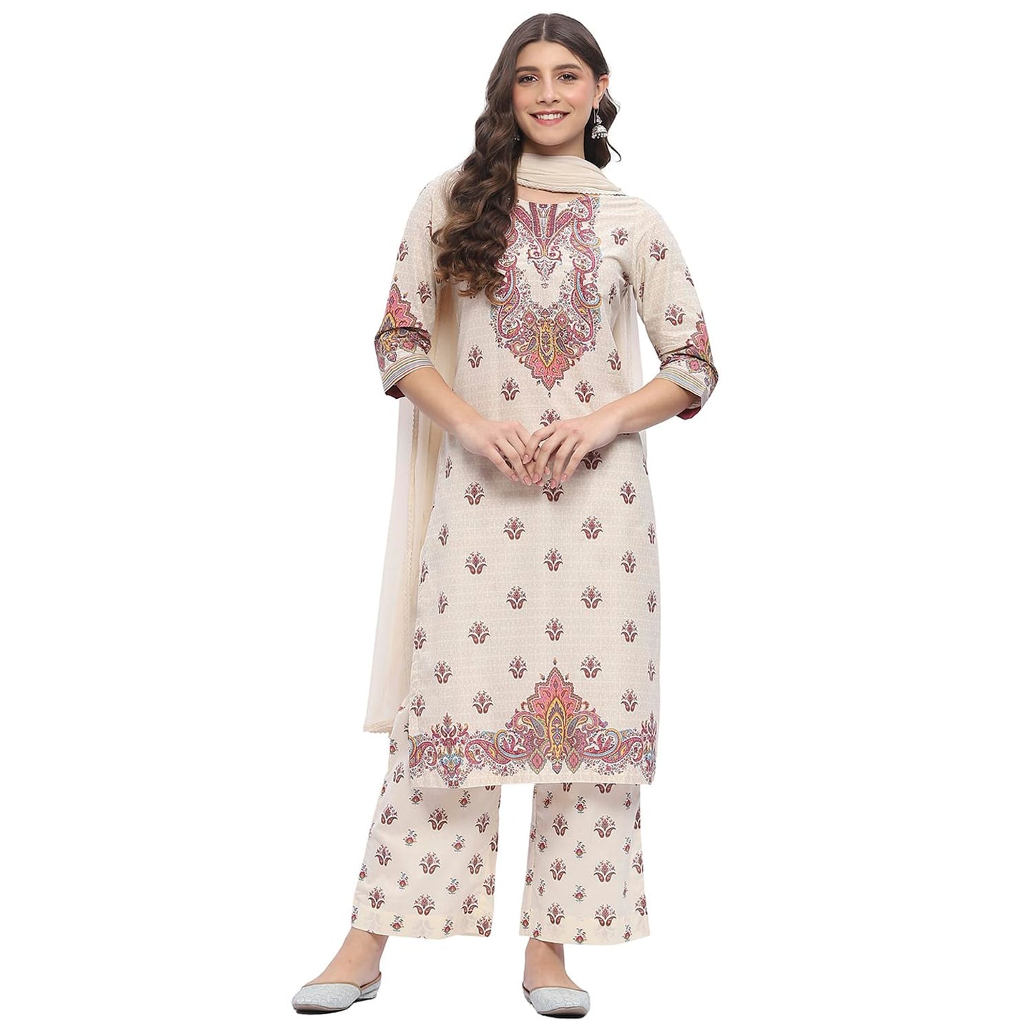 BIBA Women's Beige Pure Cotton Printed Straight Kurta Sets_36