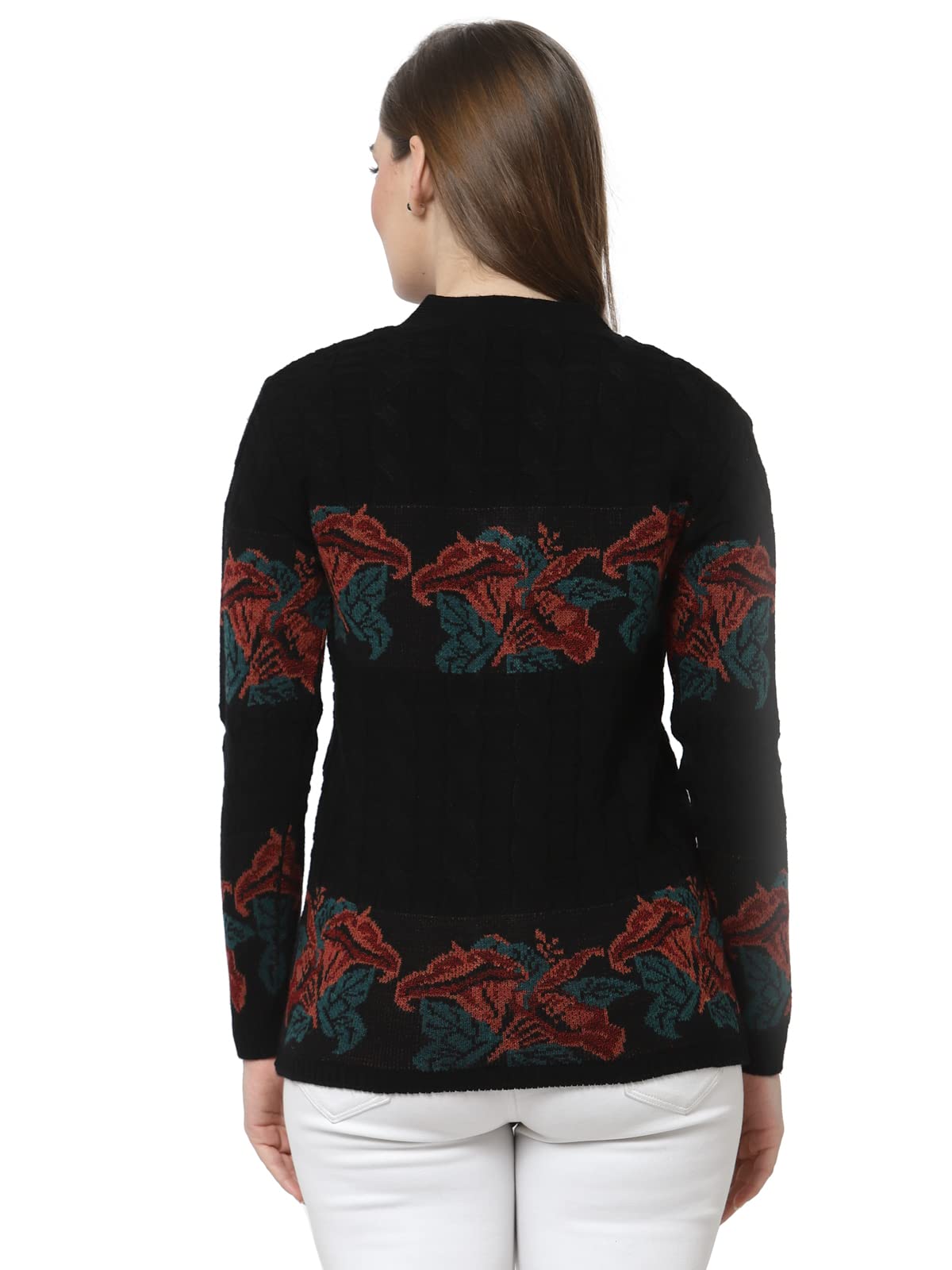 Kalt Women Sweater for Winter Woolen Acrylic Full Sleeves V Neck Floral Design Cardigan Sweater for Women Winter Woollen Stylish(Black;3XL)