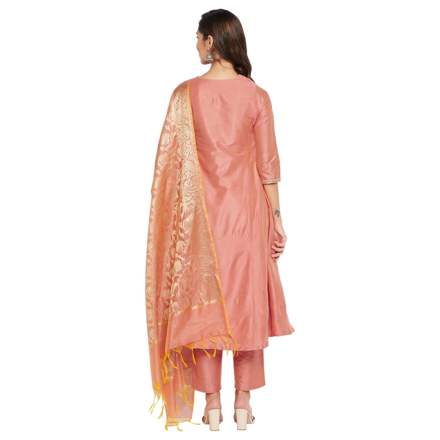 Rangavali Peach Cotton Silk Festive Anarkali Suit Set With Dupatta | Readymade Kurti Pant Set | Embroidery Krta For Women | 3 Pcs Set | XS, 30