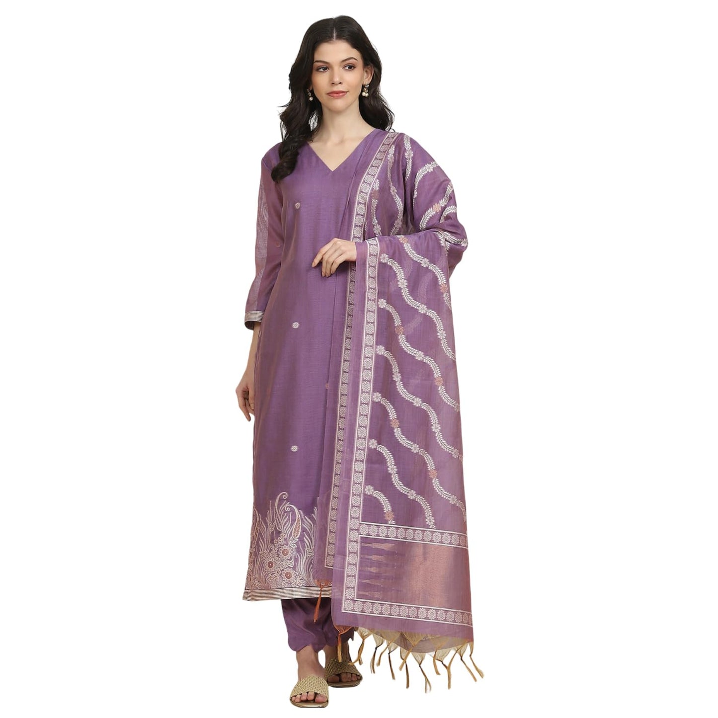 Biba Women's Lavender Chanderi Weave Unstitched Suit Set