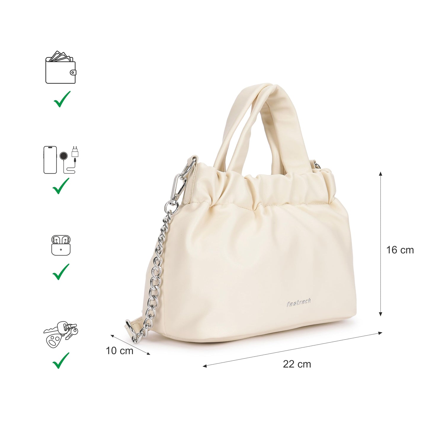 Fastrack Ruched Sling Bag for Women | Compact Faux Leather Crossbody with Detachable Chain Strap, Magnet Closure and Inner Pockets | Minimalist Everyday Sling for Casual and Evening Looks