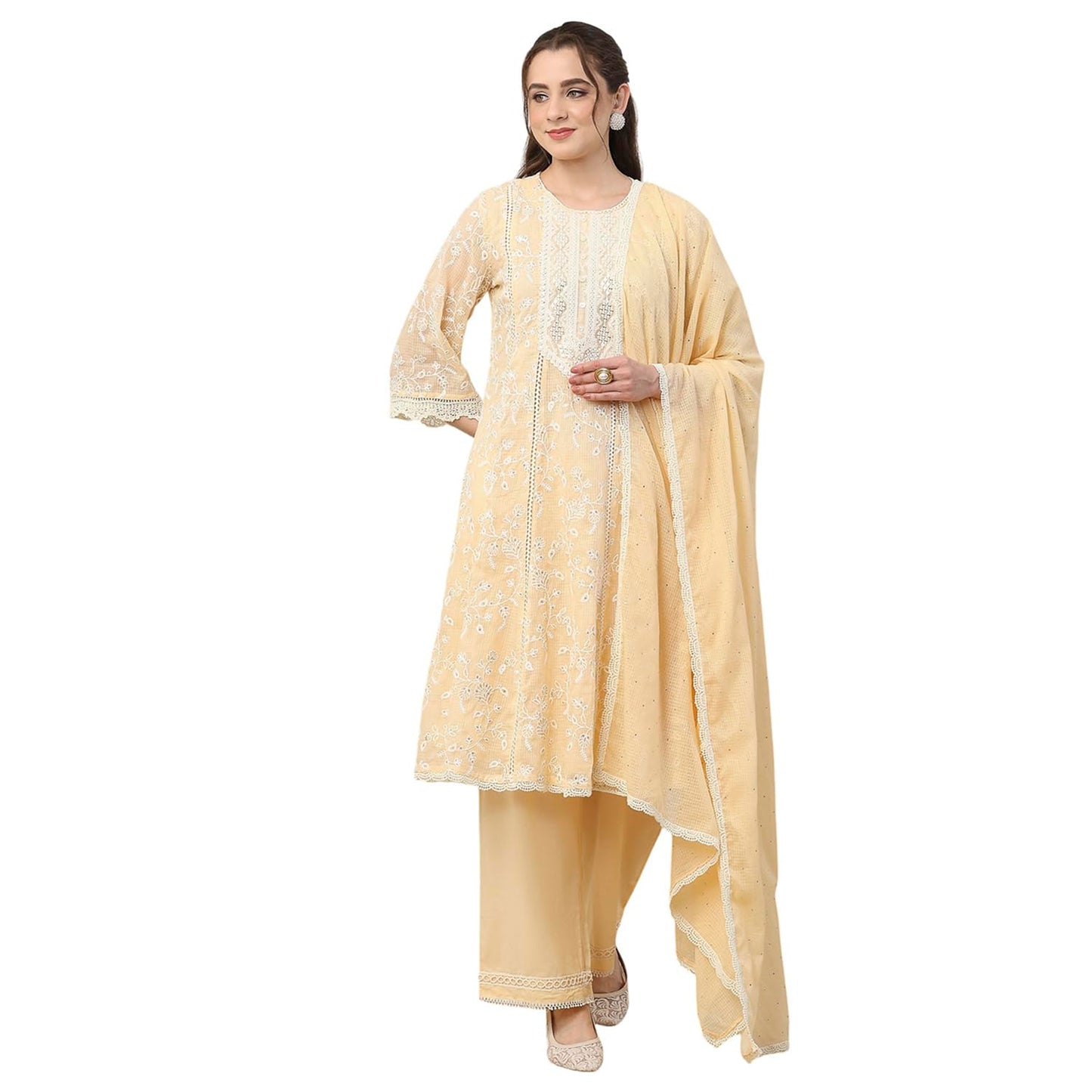 Biba Women Beige Cotton Kalidar Suit Set_36