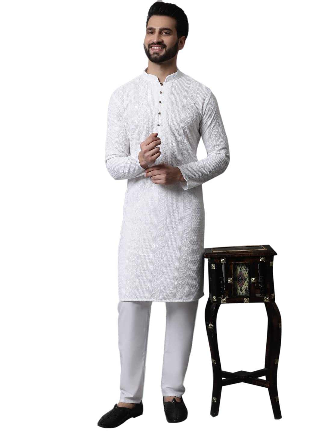 Jompers Men White Embroidered Pure Cotton Kurta with Pyjamas (White, S)
