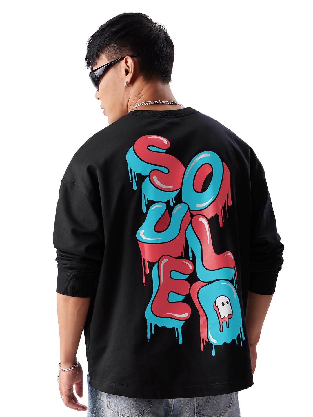 The Souled Store TSS Originals: Drip Check Mens & Boys Oversized Fit Graphic Printed Full Sleeve Cotton Black Oversized Full Sleeve T-Shirts Men's t-Shirts Graphic tees Casual Fashion Regular fit