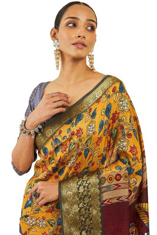 Soch Womens Mustard Crepe Saree With Floral Kalamkari Print And Zari Borders