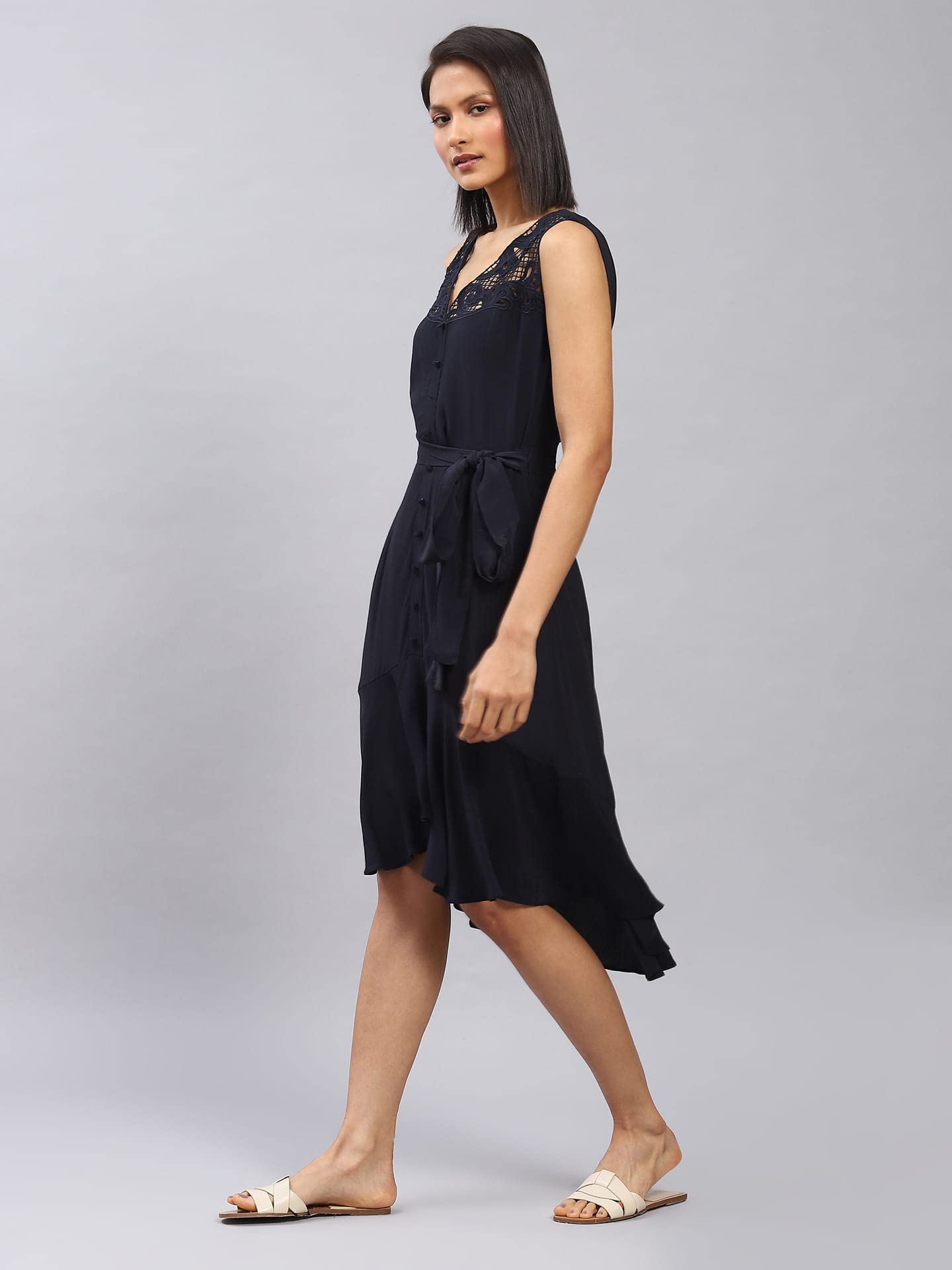 Label RITU KUMAR Navy Blue Tie-Up Midi Dress