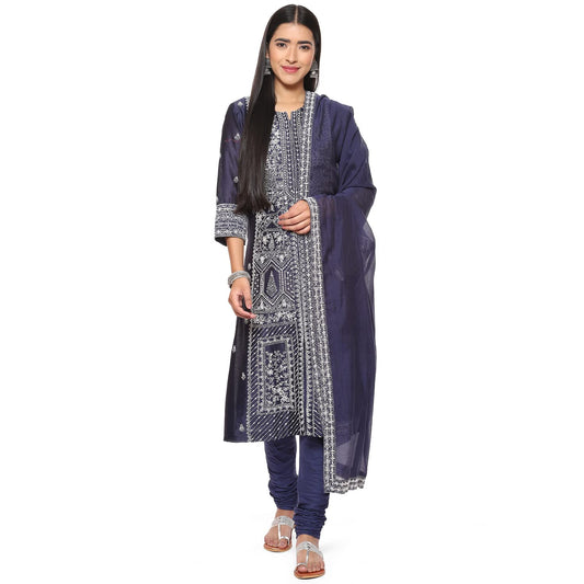 BIBA WOMEN EMBROIDERY FITTED SALWAR KURTA DUPATTA(SKDKANTHA K8160_NAVY BLUE_34)