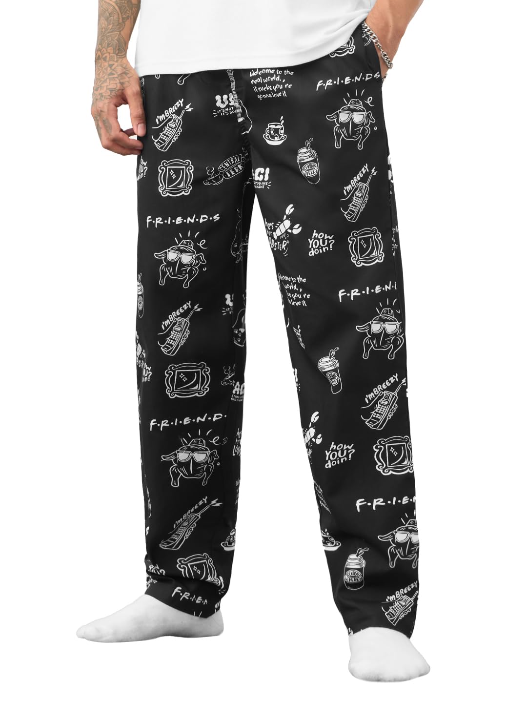 The Souled Store FRIENDS: Doodle Men and Boys Drawstring Waist Black All Over Printed Cotton Regular Fit Lightweight All-Season Lounge Pyjamas