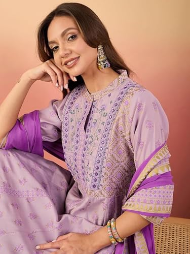 AVYUKTHA Cotton Kurta Palazzo & Dupatta Set For Womens | Regular Fit | 3/4 Sleeve | V Neck | Printed Embroidery | Anarkali | Lightweight | Ethenic Dress | Ideal For Weddings & Parties | S | Skin