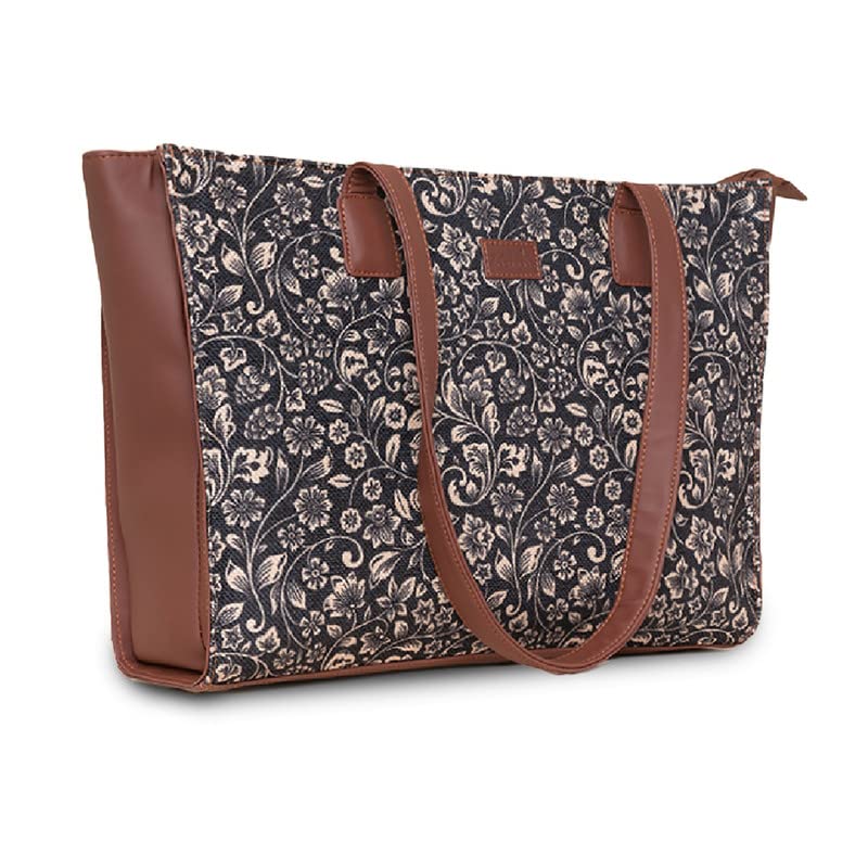 ZOUK FloMotif Floral Printed Jute Handcrafted Vegan Leather Women's Black Structured Tote Bag Contemporary