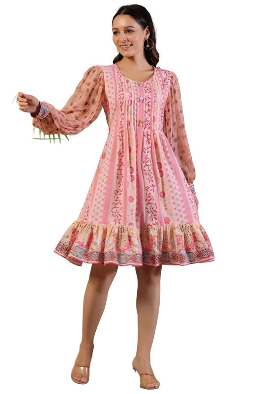 Juniper Pink Wonderland Floral Printed Pure Cotton Midi Dress with Pintucks & 3D Handwork for Women