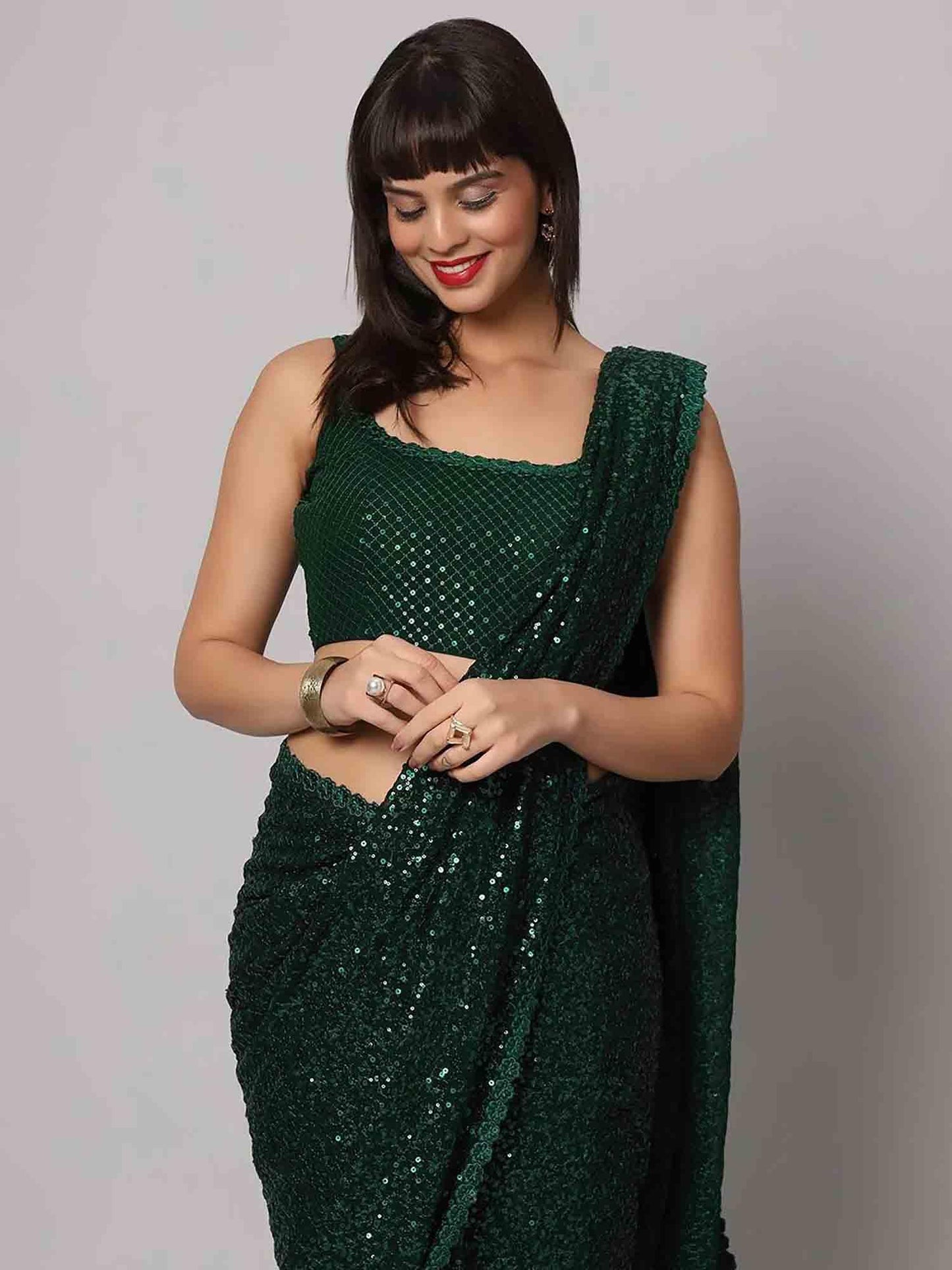 Zeel Clothing Women's Dark Green Sequins Work Heavy Georgette Saree with Blouse (1008-Deep-Green-Sequins-Party-Saree-New, Deep Green)
