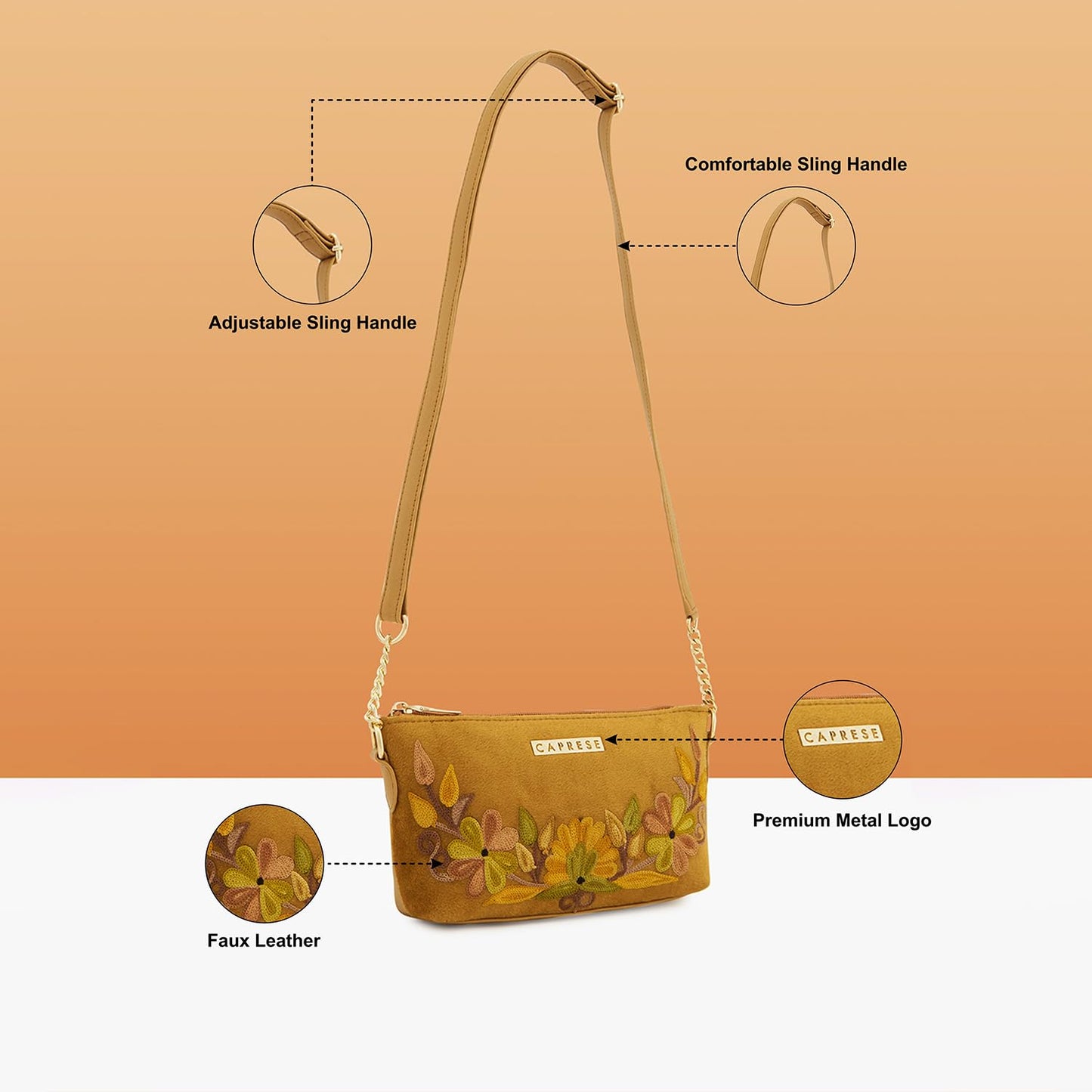 Caprese Siji Tresna Small Sling Bag for Women | Kashida Embroidery Crossbody with Adjustable Strap & Secured Zip Closure | Stylish Handbag for Everyday Use, Travel & Special Occasions (Brown)
