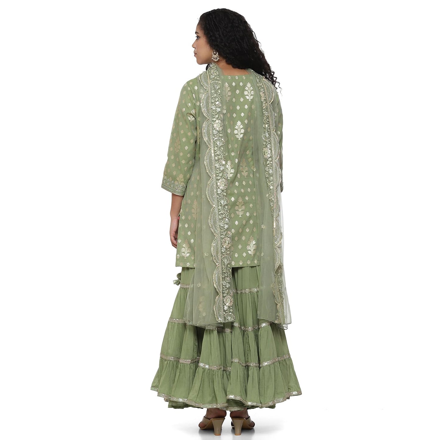 BIBA Women YARNDYED Straight SALWAR KURTA DUPATTA(SKDKINARI8924_SAP GREEN_38)