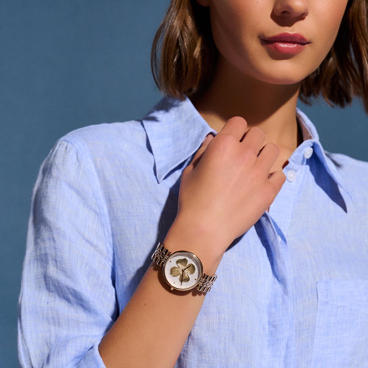 Olivia Burton Dogwood Qtz Basic Silver White Round Dial Women's Watch|Ionic Plated Carnation Gold Steel Material|Gold Color Band - 24000090