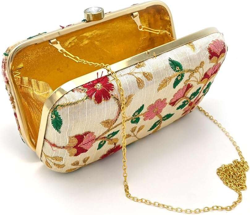 PINK TREASURE Gold Embroidered Clutch for Women | Floral Zari Work Box Clutch for Weddings & Parties | Elegant Handbag with Push Lock Closure | Ideal Gift Accessory (Cream)